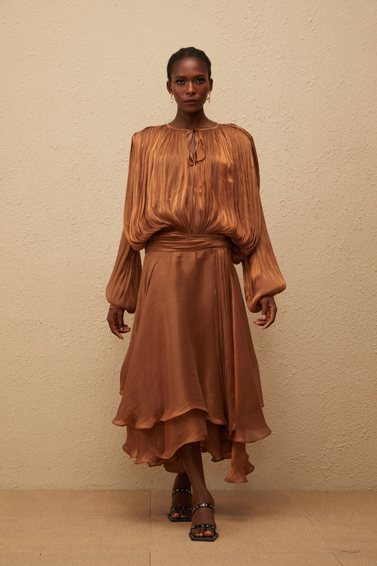 Eugénie Pleated Ruffle Maxi Dress in Brown