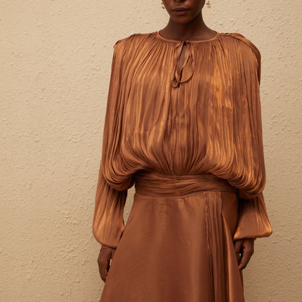 Eugénie Pleated Ruffle Maxi Dress in Brown