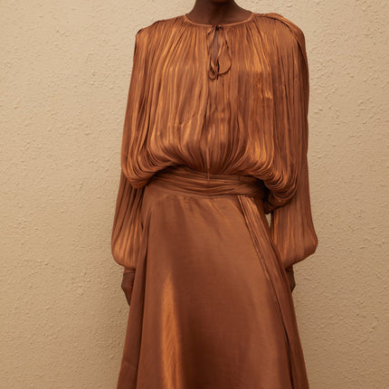 Eugénie Pleated Ruffle Maxi Dress in Brown