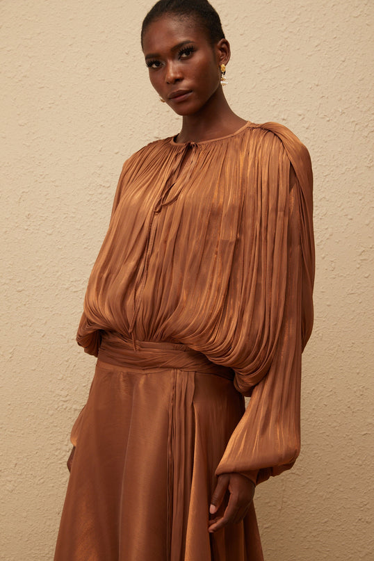 Eugénie Pleated Ruffle Maxi Dress in Brown