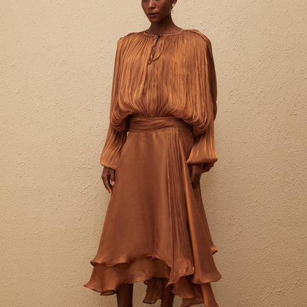 Eugénie Pleated Ruffle Maxi Dress in Brown