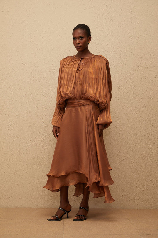 Eugénie Pleated Ruffle Maxi Dress in Brown