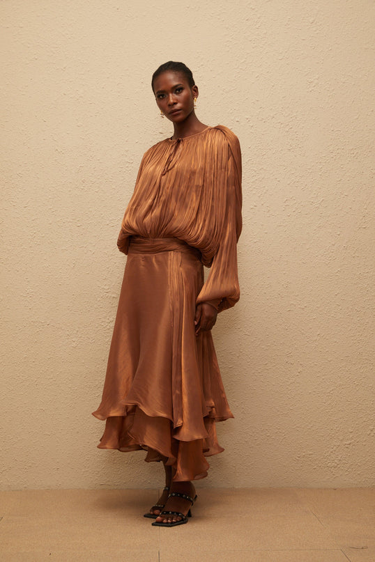 Eugénie Pleated Ruffle Maxi Dress in Brown