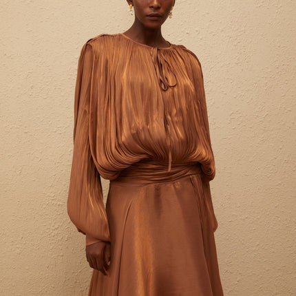 Eugénie Pleated Ruffle Maxi Dress in Brown