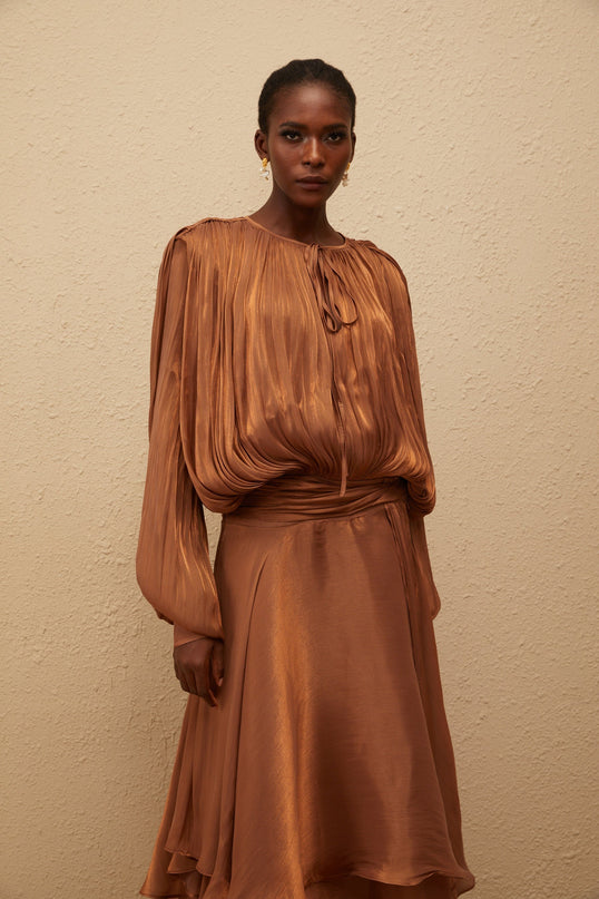 Eugénie Pleated Ruffle Maxi Dress in Brown