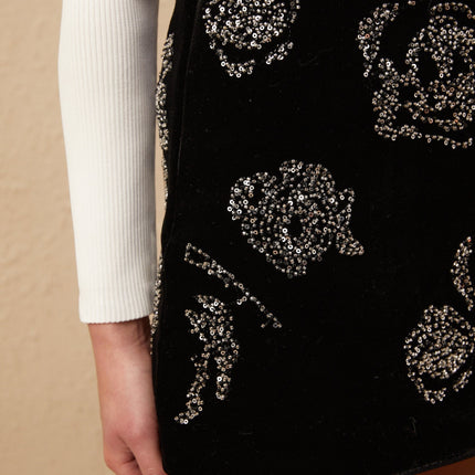 Eulalia Black Velvet Mini Dress with Sequin Flower Embellishments