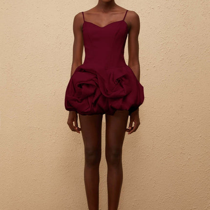 Eulalia Mini Dress in Red with 3D-Petal Detailing and Bubble Skirt