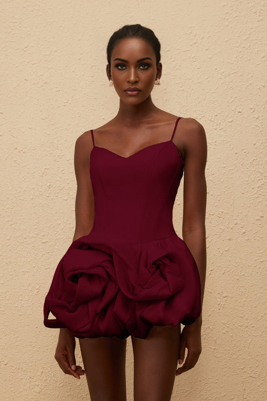 Eulalia Mini Dress in Red with V-Neck and 3D-Petal Detailing