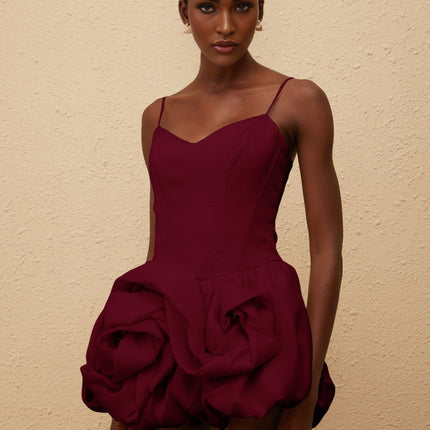Eulalia Mini Dress in Red with V-neck and 3D-petal detailing