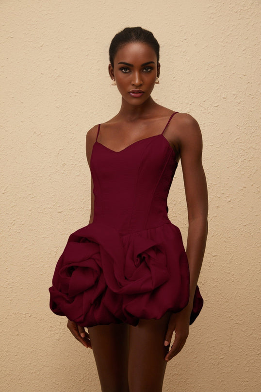 Eulalia Mini Dress in Red with V-neck and 3D-petal detailing