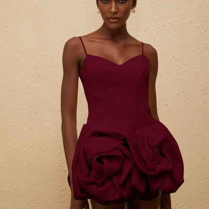 Eulalia Mini Dress in Red with V-neck and 3D-petal detailing