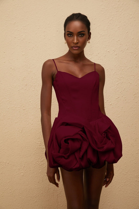 Eulalia Mini Dress in Red with V-neck and 3D-petal detailing