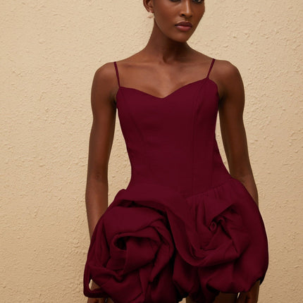 Eulalia Mini Dress in Red with V-neck and 3D-petal detailing