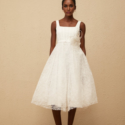 Eulalia White Floral Lace Midi Dress with 3D-Petal Detailing