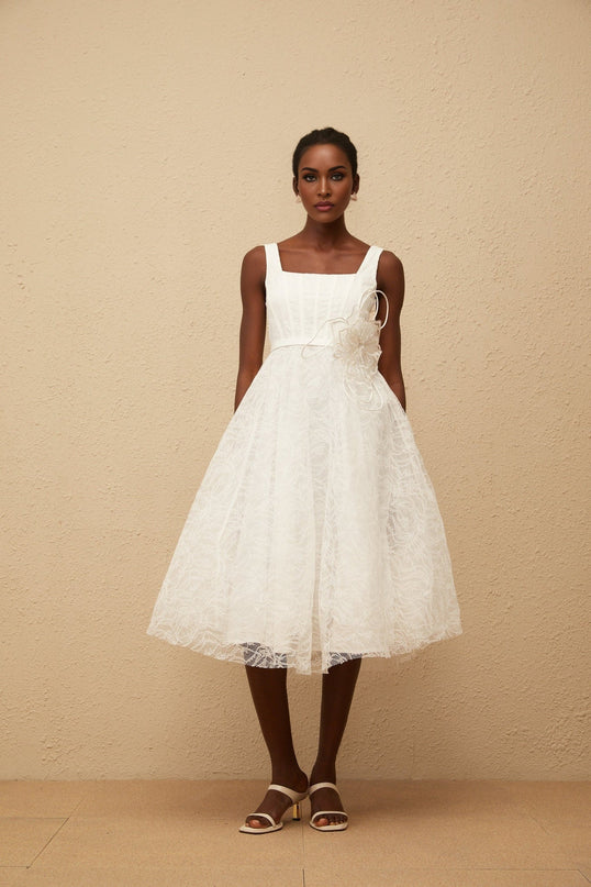 Eulalia White Floral Lace Midi Dress with 3D-Petal Detailing