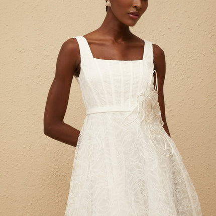 Eulalia White Floral Lace Midi Dress with 3D-Petal Detailing