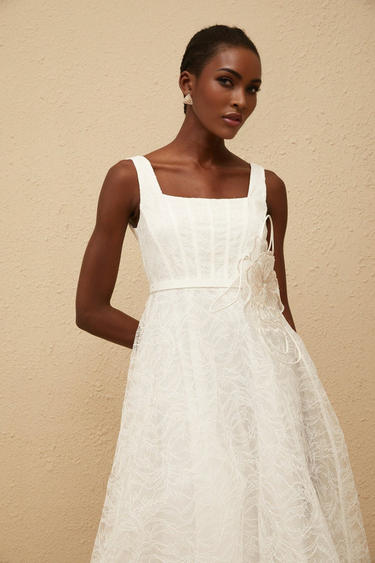 Eulalia White Floral Lace Midi Dress with 3D-Petal Detailing