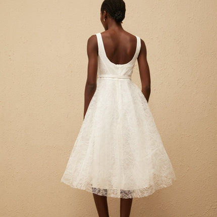 Eulalia White Floral Lace Midi Dress with 3D-Petal Detailing