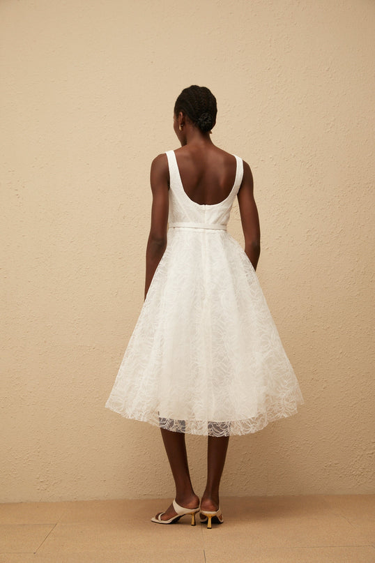 Eulalia White Floral Lace Midi Dress with 3D-Petal Detailing