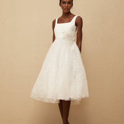 Eulalia White Floral Lace Midi Dress with 3D-Petal Detailing