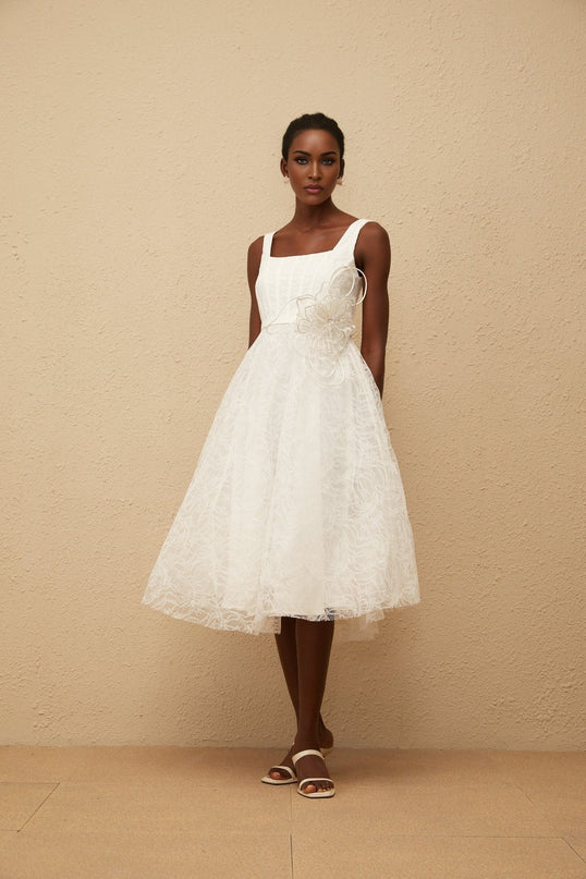 Eulalia White Floral Lace Midi Dress with 3D-Petal Detailing