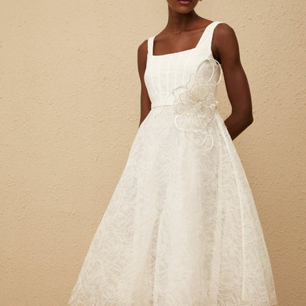 Eulalia White Floral Lace Midi Dress with 3D-Petal Detailing