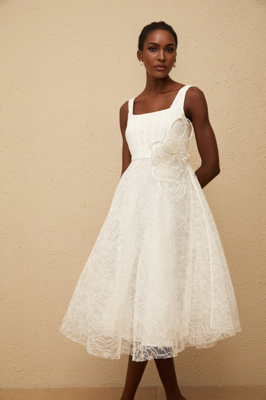 Eulalia White Floral Lace Midi Dress with 3D-Petal Detailing