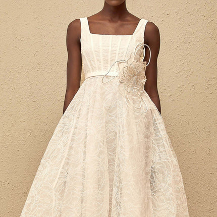 Eulalia White Floral Lace Midi Dress with 3D-Petal Detailing