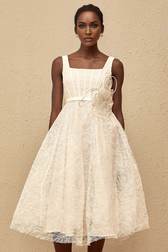 Eulalia White Floral Lace Midi Dress with 3D-Petal Detailing