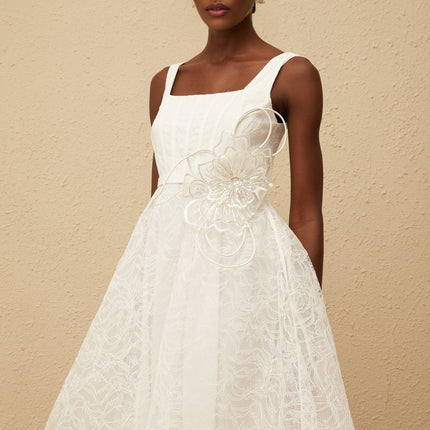 Eulalia White Floral Lace Midi Dress with 3D-Petal Detailing