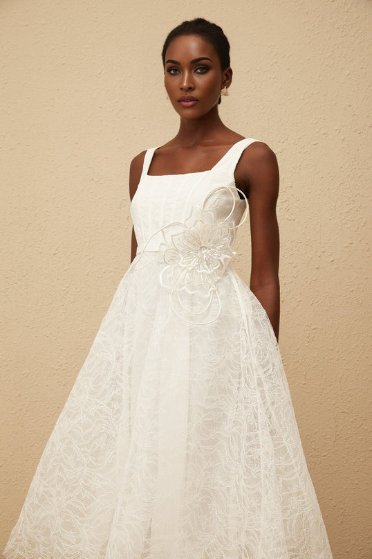 Eulalia White Floral Lace Midi Dress with 3D-Petal Detailing