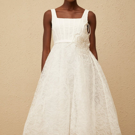 Eulalia White Floral Lace Midi Dress with 3D-Petal Detailing