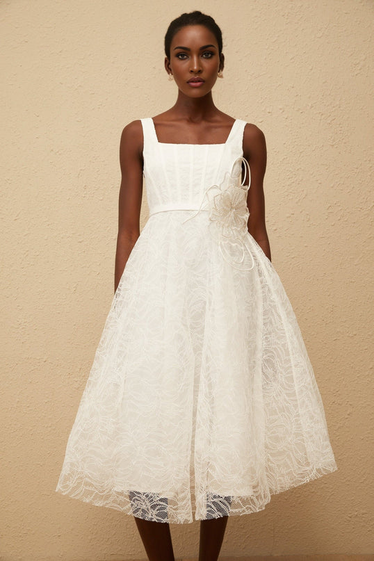 Eulalia White Floral Lace Midi Dress with 3D-Petal Detailing