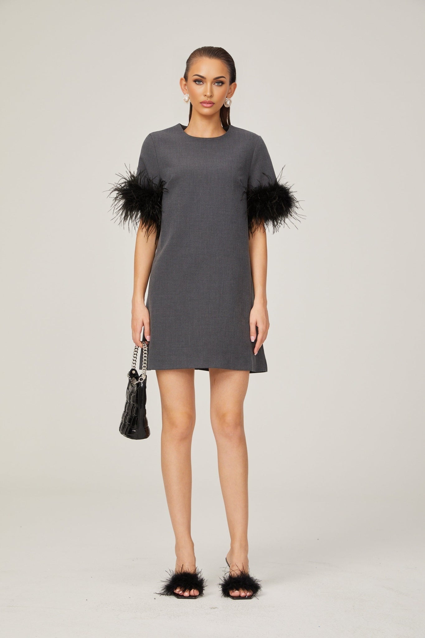 Eulalie grey feathertrim Aline mini dress
