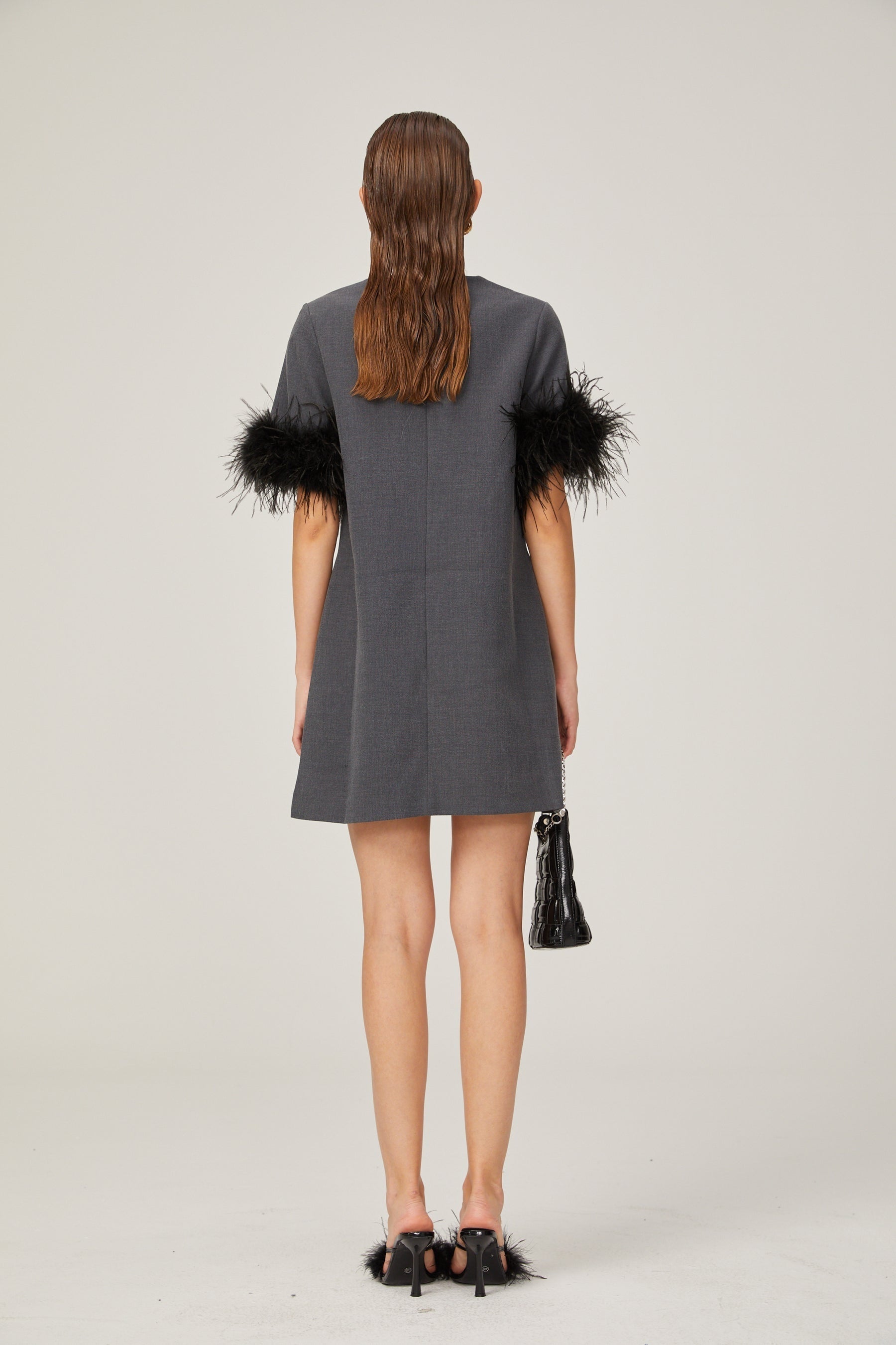 Eulalie grey feathertrim Aline mini dress