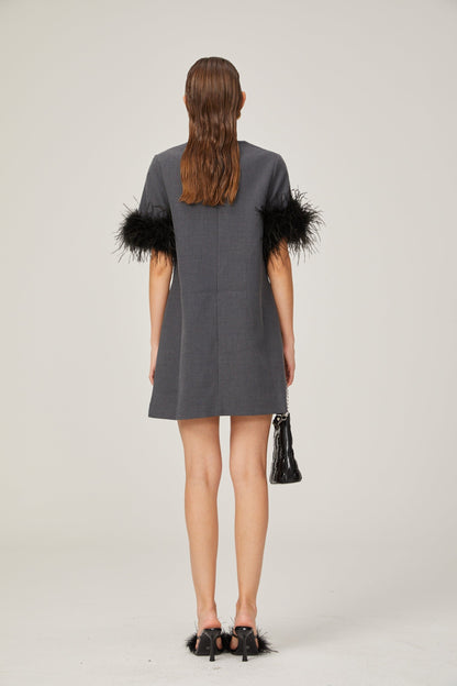 Eulalie grey feathertrim Aline mini dress