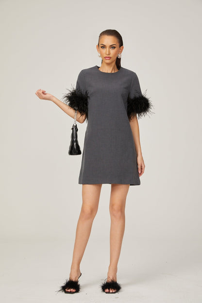 Eulalie grey feathertrim Aline mini dress