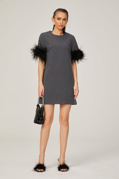 Eulalie grey feathertrim Aline mini dress