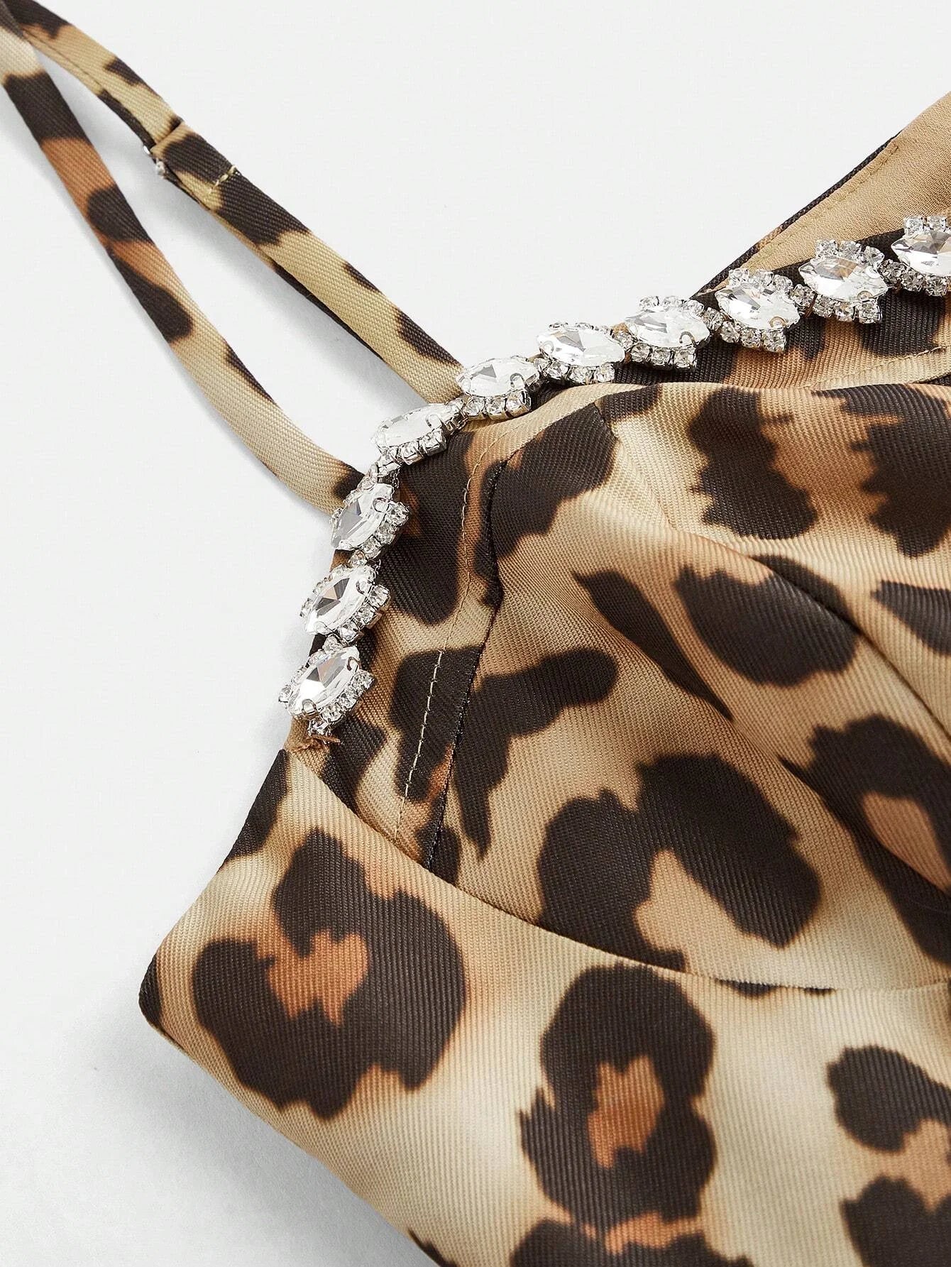 European And American Style Sexy Spaghetti Strap Leopard Print Rhinestone Embellished Waist