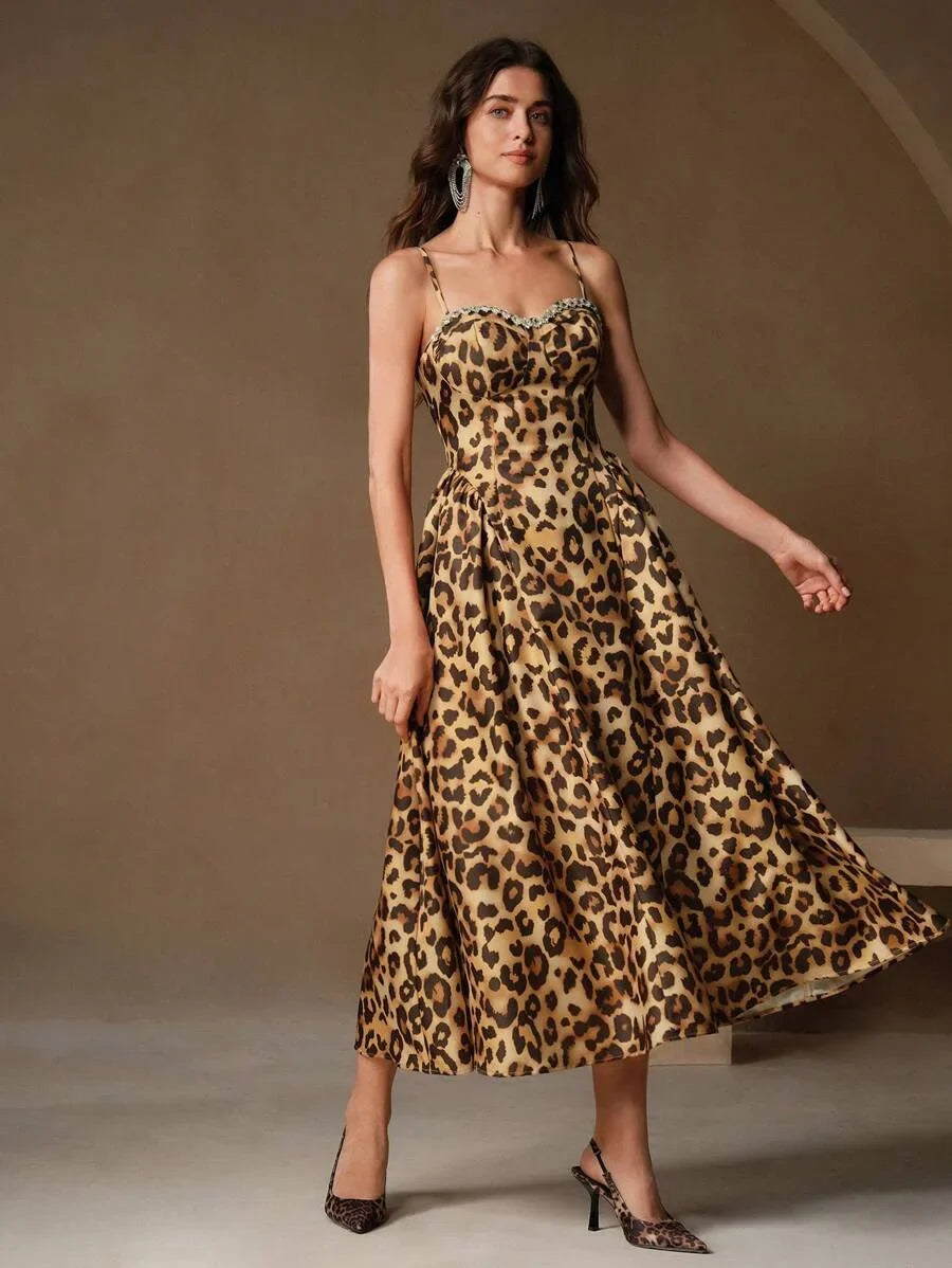 European And American Style Sexy Spaghetti Strap Leopard Print Rhinestone Embellished Waist