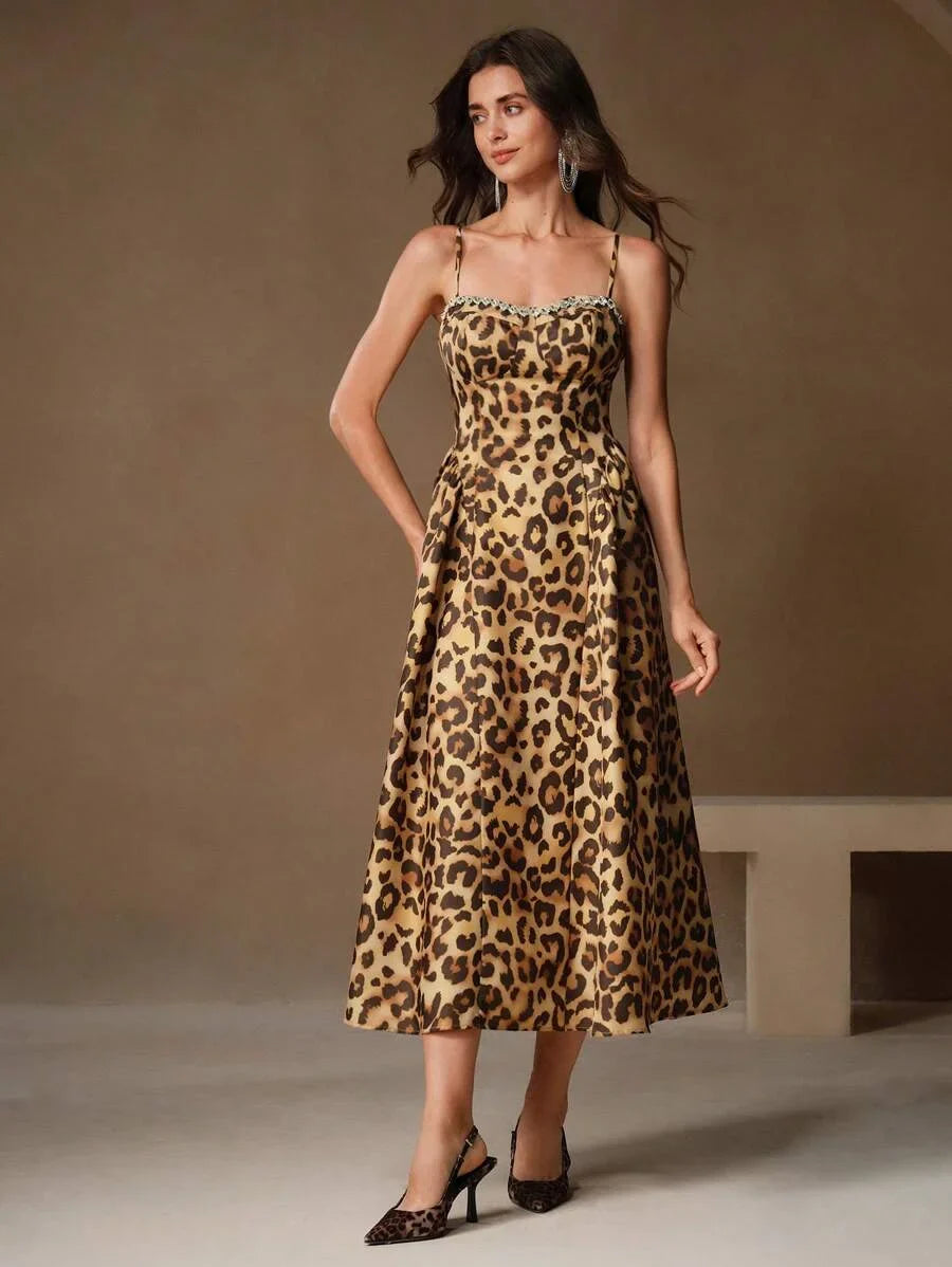 European And American Style Sexy Spaghetti Strap Leopard Print Rhinestone Embellished Waist
