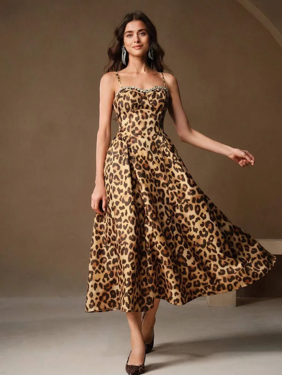 European And American Style Sexy Spaghetti Strap Leopard Print Rhinestone Embellished Waist