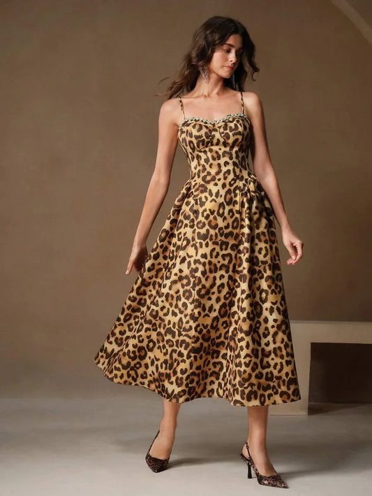 European And American Style Sexy Spaghetti Strap Leopard Print Rhinestone Embellished Waist