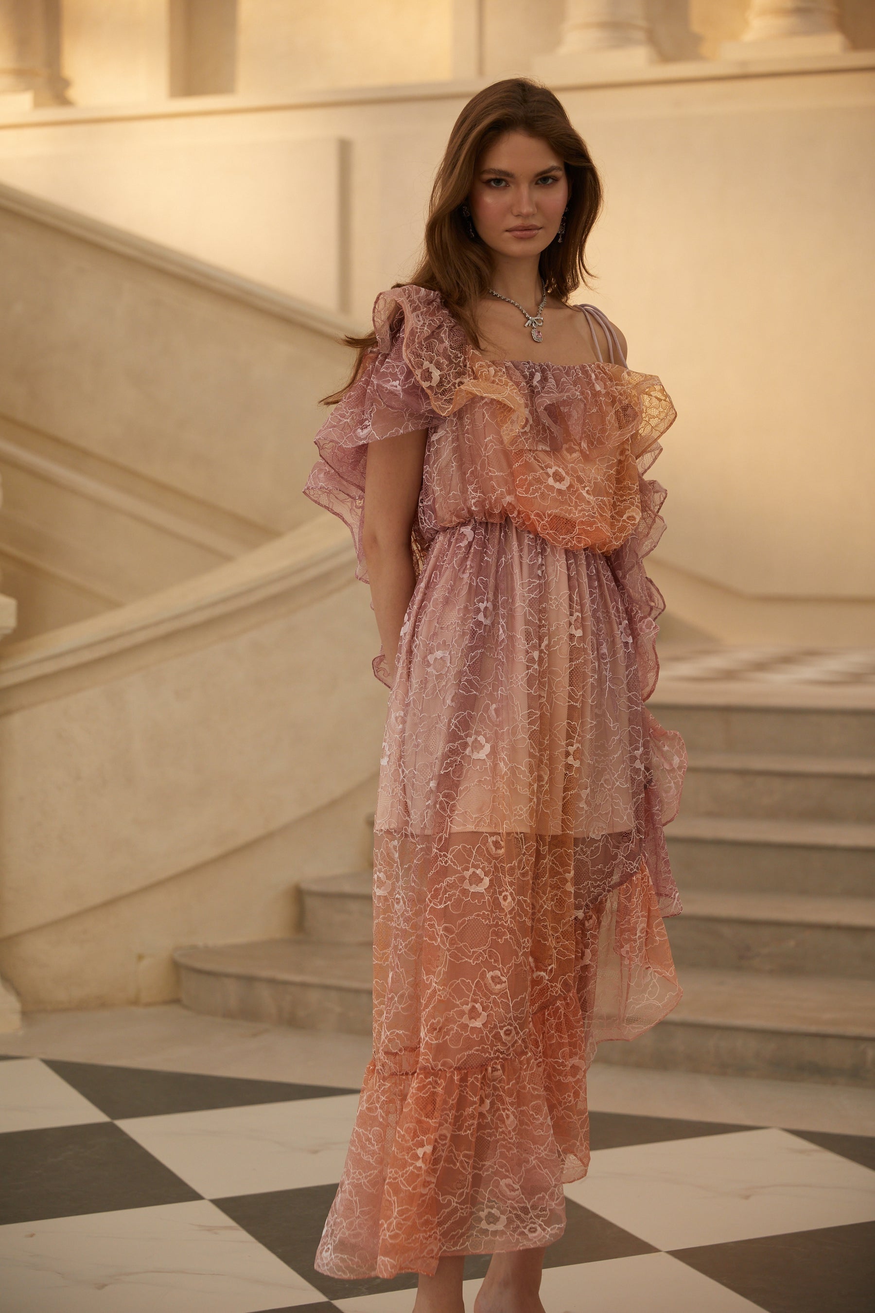 Éva Purple Gradient Floral Lace Midi Dress