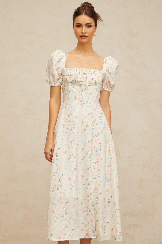 Eva white midi dress with floral print and flared silhouette