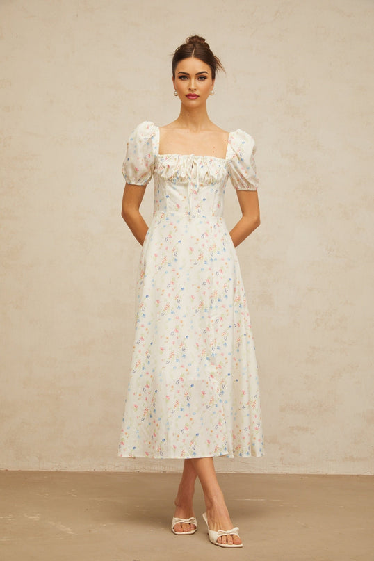 Eva white midi dress with floral print and flared silhouette