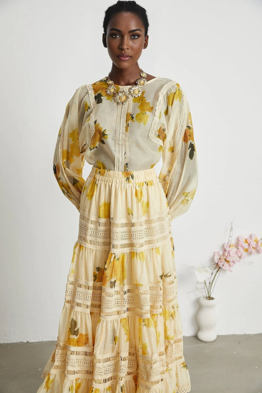 Éva yellow floralprint blouse  skirt matching set