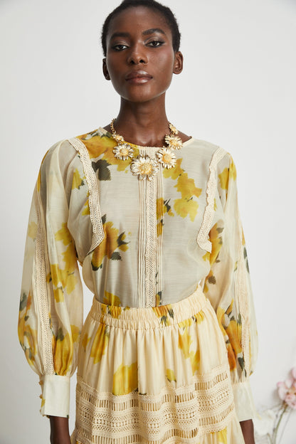 Éva yellow floralprint blouse  skirt matching set