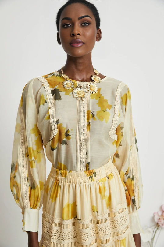 Éva yellow floralprint blouse  skirt matching set