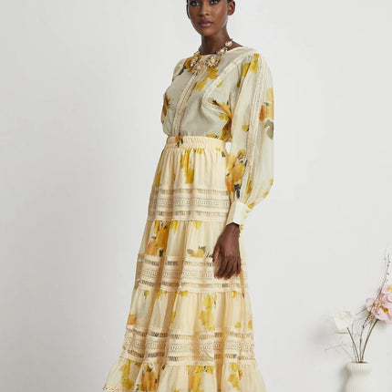 Éva yellow floralprint blouse  skirt matching set